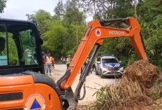 Bersihkan Material Longsor Tutup Jalan